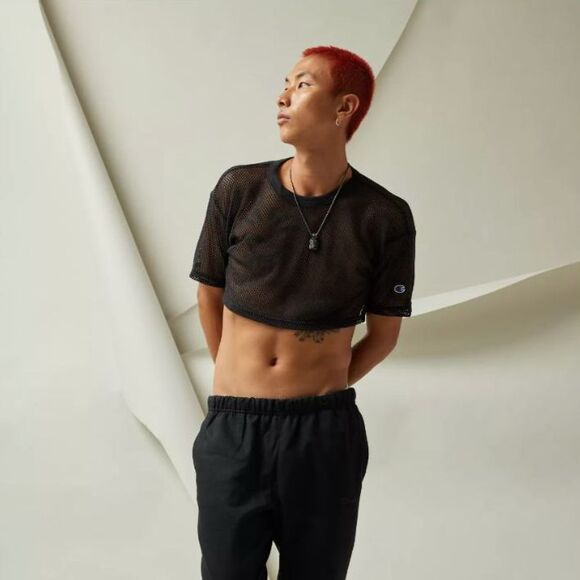 Champion x Urban Outfitters Mesh Crop Shimmel Tee Large Black NWT Exclusive - Picture 1 of 7